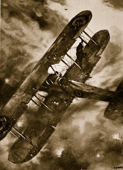 1914〜19年の「アーキー」の激しい攻撃中の空中での勇敢なイギリスのオブザーバーのバランスの偉業 作： Christopher Clark